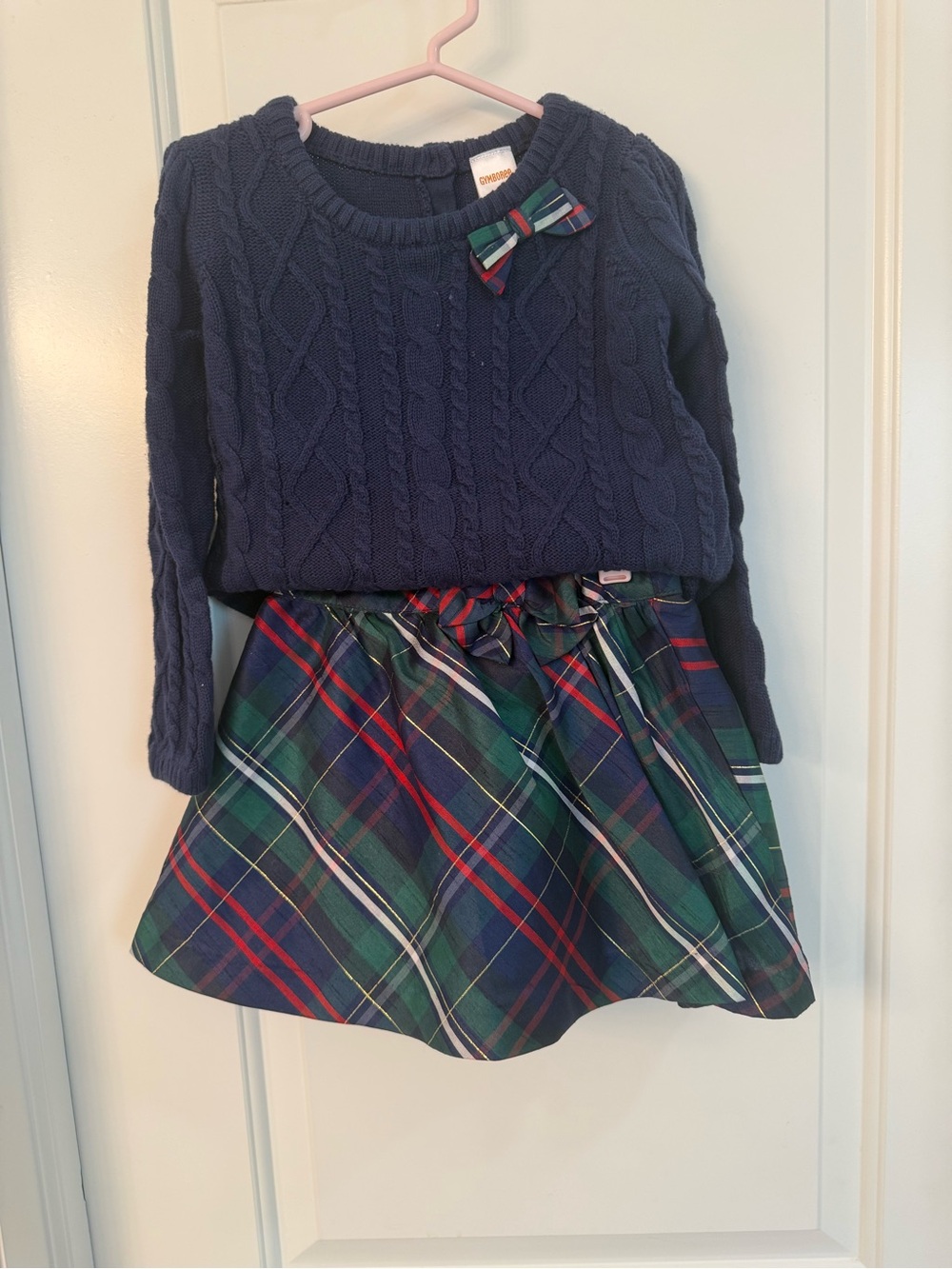 Gymboree Navy Cable-Knit Top with Green and Red Plaid Skirt